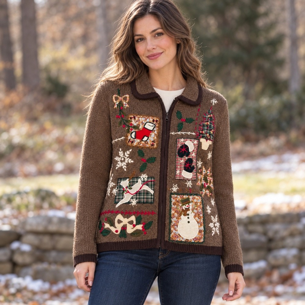 Victoria Jones Womens S Brown Christmas Zip Cardigan Snowman Reindeer Wool Blend